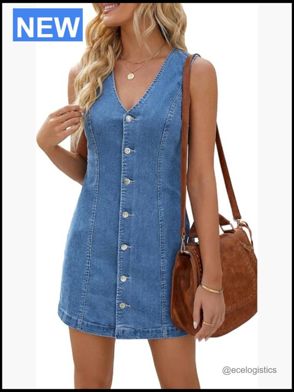 Sleeveless Denim Dress V-Neck Button Front High Stretch Casual Summer